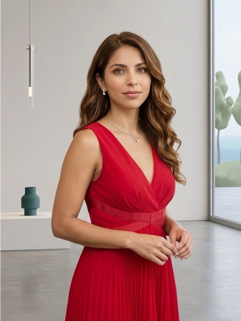 White House Black Market Red Pleated Sleeveless Midi Dress Elegant VNeck Part S6